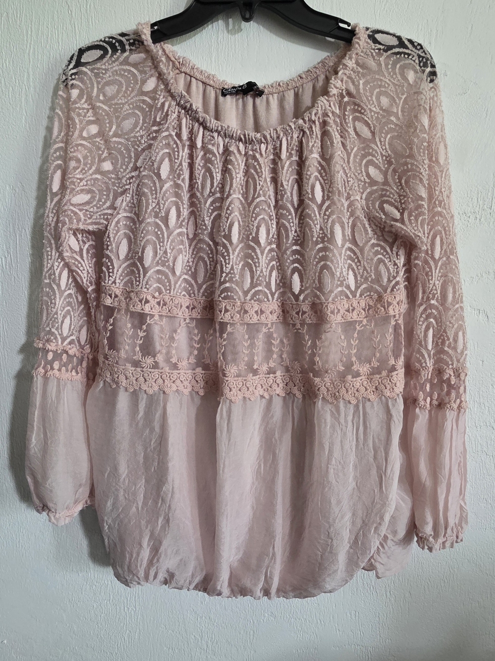 Charlie B Italy Boho Lace Silk Blend Peasant Blouse Top